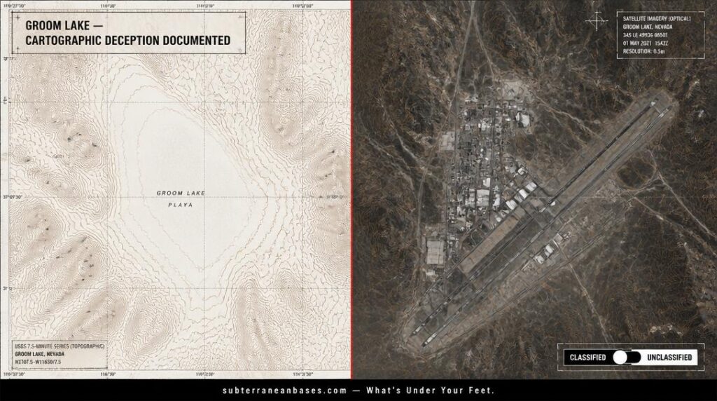 Split composition showing a blank USGS topographic map of Groom Lake / Dreamland on the left and a satellite photograph revealing an elaborate military base complex with diagonal runway on the right