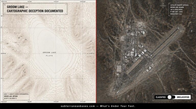 Split composition showing a blank USGS topographic map of Groom Lake / Dreamland on the left and a satellite photograph revealing an elaborate military base complex with diagonal runway on the right