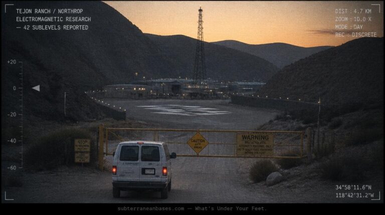 A desert cattle gate at dusk with a white government van approaching and industrial buildings at the mouth of a mountain canyon with a tall pylon silhouetted behind and diamond markings on a flat surface