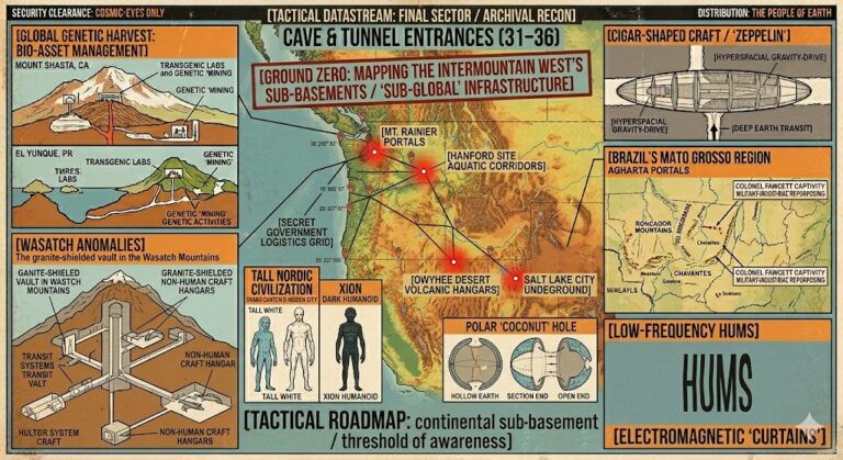 A 1960s/70s style vintage pulp intelligence collage. Features include a map of the Pacific Northwest and Great Basin with Mt. Rainier, Hanford Site, and Salt Lake City marked with GPS pins. Includes a technical diagram of a polar 'coconut' hole, a cross-section of a granite-shielded vault in the Wasatch Mountains, and an illustration of a 'Xion' humanoid from a dark planet. The overall aesthetic is aged and distressed with 'Top Secret' ink stamps.