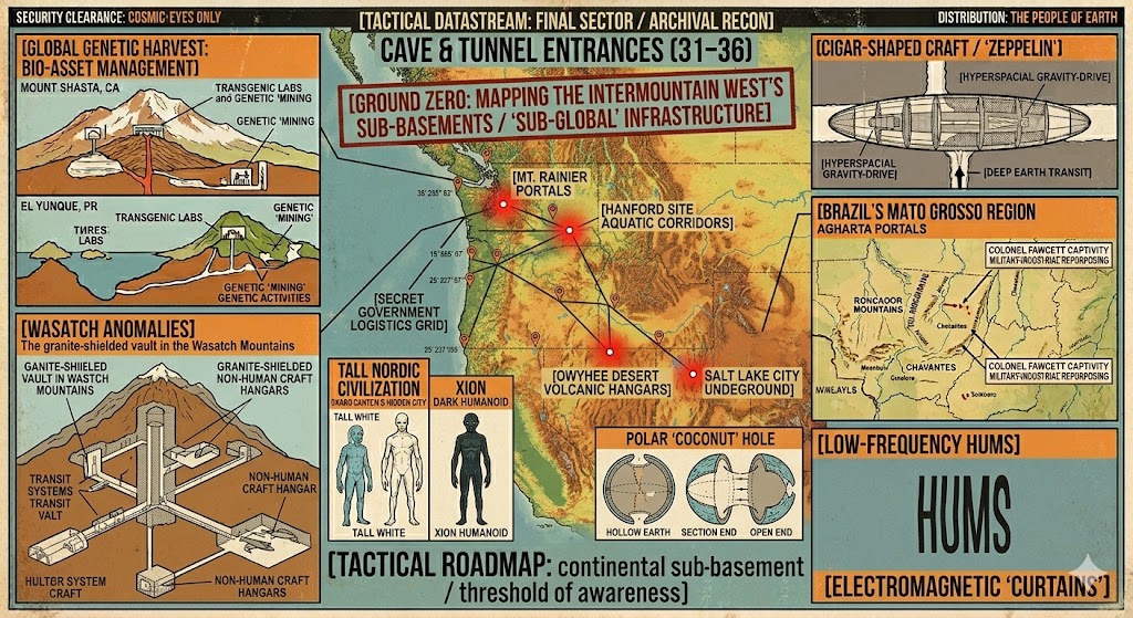 A 1960s/70s style vintage pulp intelligence collage. Features include a map of the Pacific Northwest and Great Basin with Mt. Rainier, Hanford Site, and Salt Lake City marked with GPS pins. Includes a technical diagram of a polar 'coconut' hole, a cross-section of a granite-shielded vault in the Wasatch Mountains, and an illustration of a 'Xion' humanoid from a dark planet. The overall aesthetic is aged and distressed with 'Top Secret' ink stamps.