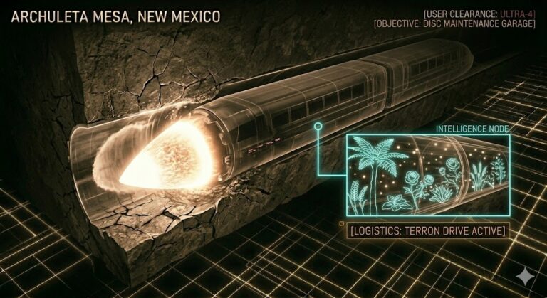 Tactical schematic of a nuclear-powered Terron Drive boring machine creating a glass-walled tunnel at the Dulce Base.