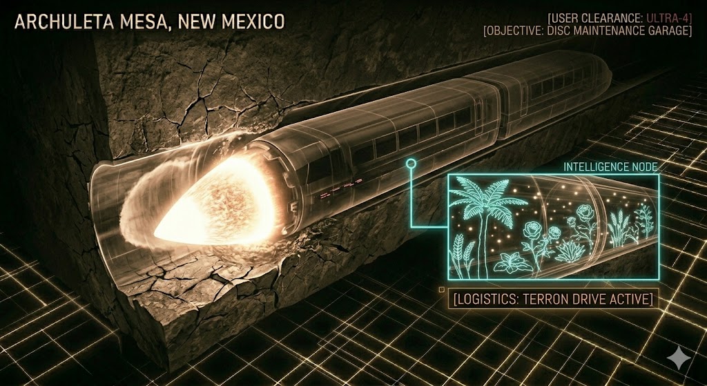 Tactical schematic of a nuclear-powered Terron Drive boring machine creating a glass-walled tunnel at the Dulce Base.