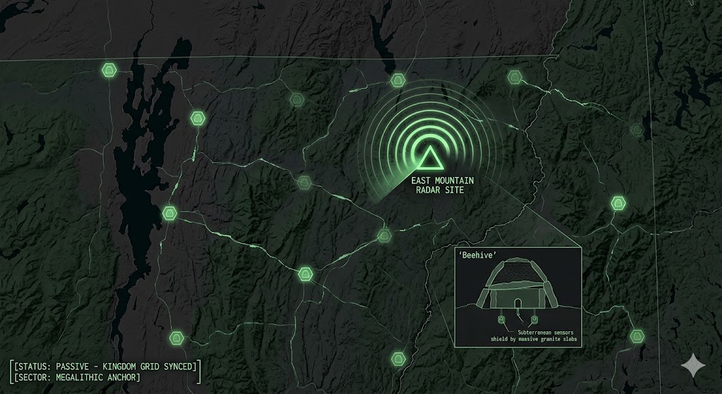 Digital noir geospatial map of Vermont showing neon-green data conduits connecting the East Mountain Radar Base to the Northeast Kingdom stone chambers.