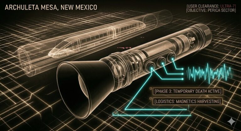Tactical schematic of the Armorlux Flash Gun with technical callouts and a background wireframe of the Dulce mag-lev shuttle system.