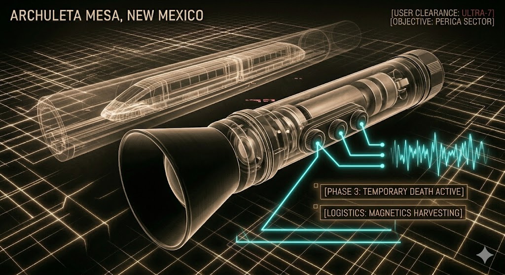 Tactical schematic of the Armorlux Flash Gun with technical callouts and a background wireframe of the Dulce mag-lev shuttle system.