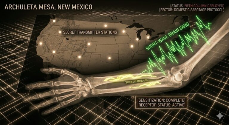 Sepia-toned X-ray of a human arm showing neon selenium deposits acting as a radio receptor for short-wave alien broadcasts.