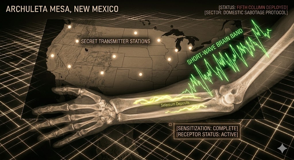 Sepia-toned X-ray of a human arm showing neon selenium deposits acting as a radio receptor for short-wave alien broadcasts.