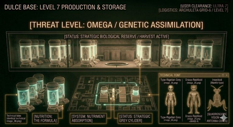Tactical schematic of the Dulce Level 7 biological vats and cryo-storage chambers, comparing Reptiloid and Insectoid profiles.