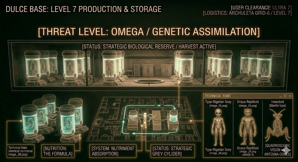 Tactical schematic of the Dulce Level 7 biological vats and cryo-storage chambers, comparing Reptiloid and Insectoid profiles.