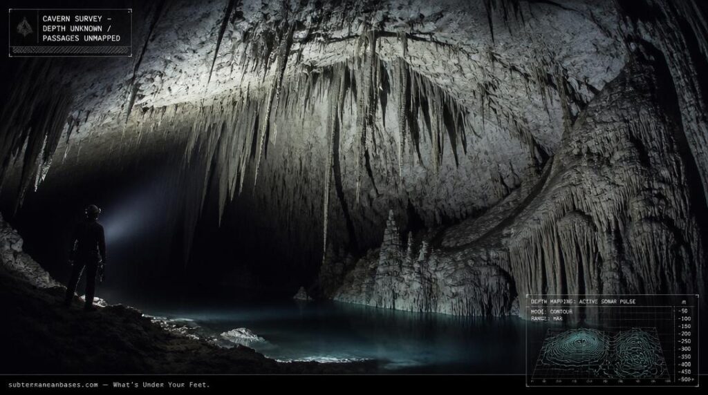A vast underground limestone cavern chamber photographed with expedition flash lighting showing stalactites and a faint bioluminescent underground pool reflection with passages disappearing into darkness
