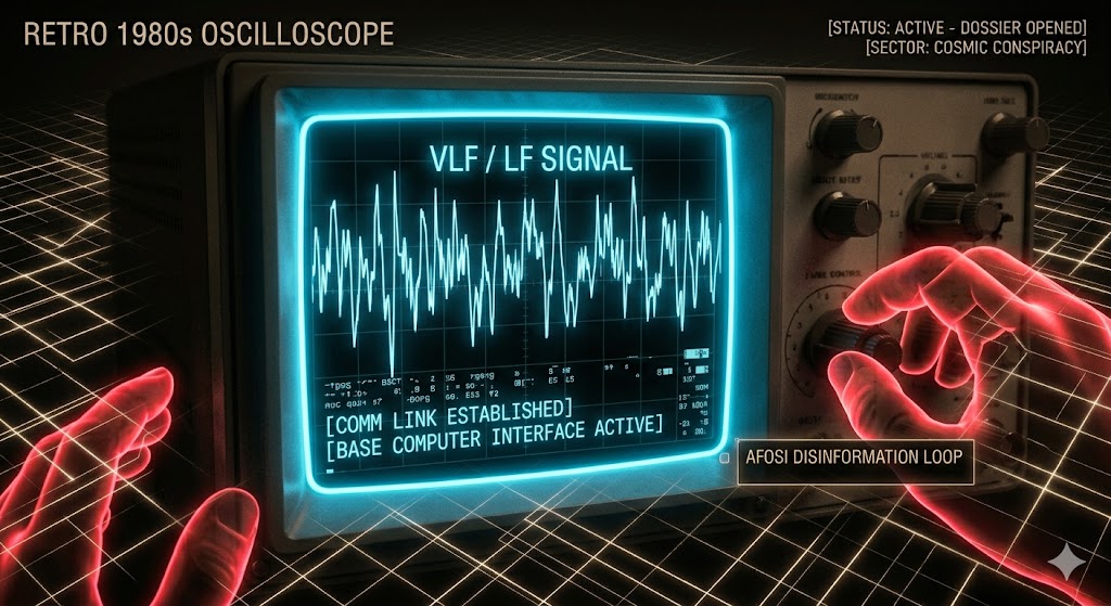 Sepia-toned retro oscilloscope showing neon-blue VLF signal waves with glowing red hands manipulating dials, representing the AFOSI disinformation campaign against Paul Bennewitz.