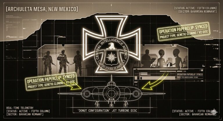 Sepia-toned schematic of Archuleta Mesa featuring a neon CIA seal over an Iron Cross, with a blueprint of a Nazi-style saucer disc in an underground hangar.