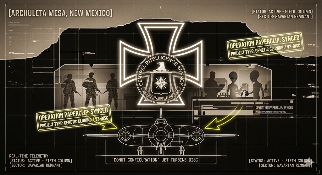 Sepia-toned schematic of Archuleta Mesa featuring a neon CIA seal over an Iron Cross, with a blueprint of a Nazi-style saucer disc in an underground hangar.