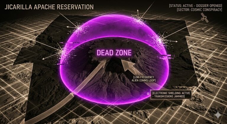 High-contrast map of the Jicarilla Apache Reservation showing a neon-purple dome labeled 'Dead Zone' over Archuleta Mesa, with signals shattering into static.