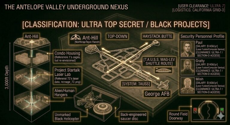 Tactical map and cross-section of the Antelope Valley underground bases and shuttle network.