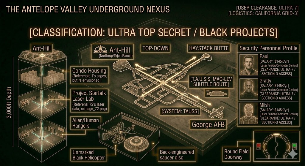 Tactical map and cross-section of the Antelope Valley underground bases and shuttle network.