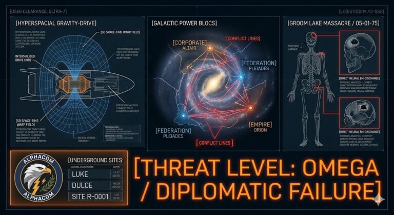 Tactical schematic of Michael Wolf’s MJ-12 report covering galactic confederations and the Groom Lake massacre.