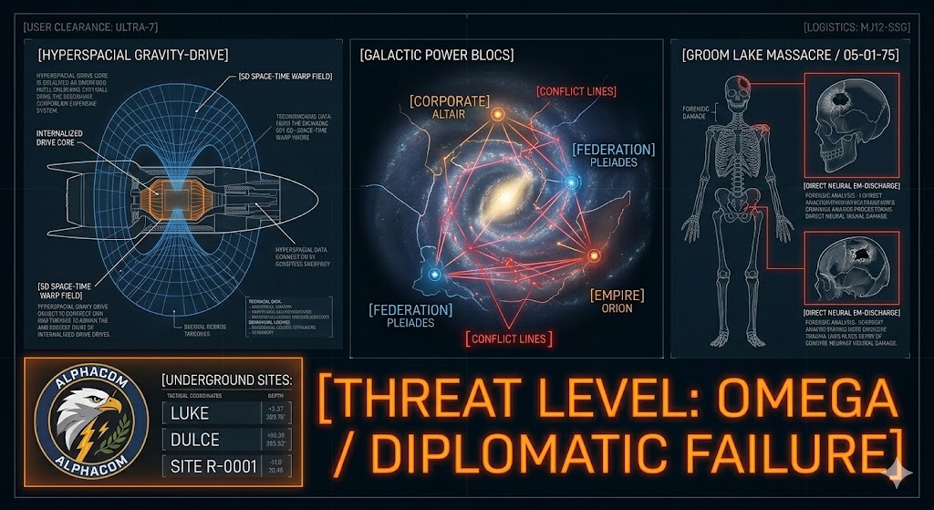 Tactical schematic of Michael Wolf’s MJ-12 report covering galactic confederations and the Groom Lake massacre.