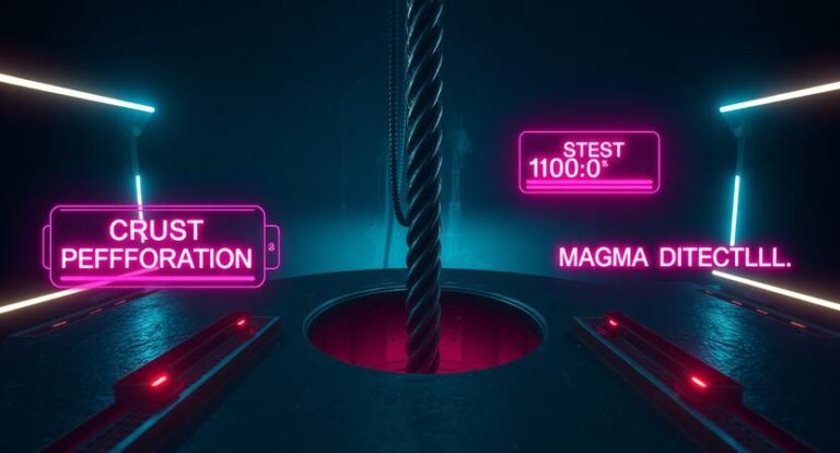 Tactical 1970s-style visualization of the MOHO drilling project and the hollow crust theory.