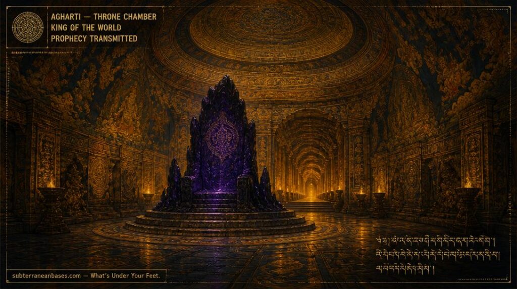 A vast subterranean chamber with smooth domed walls lit by golden internal light and a central throne carved from dark crystalline rock with a corridor receding into amber light