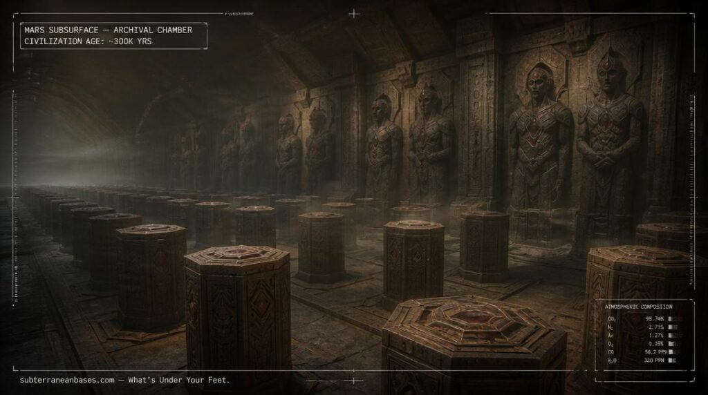 A vast underground Martian chamber with hexagonal stone generators in rows and massive gem-embedded statuary along the far wall lit by an unknown amber light source