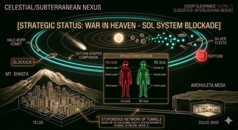 Tactical schematic showing the interstellar blockade of the Sol system and the underground tunnel link between Telos and Dulce.