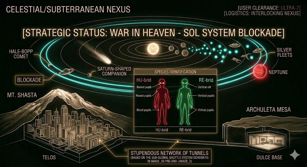 Tactical schematic showing the interstellar blockade of the Sol system and the underground tunnel link between Telos and Dulce.