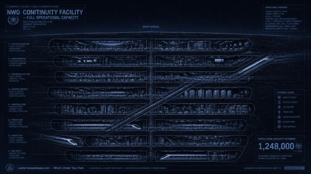 An architectural cross-section of a multi-level underground city with residential quarters industrial complexes and diagonal magneto-leviton rail tunnels beneath a featureless desert surface