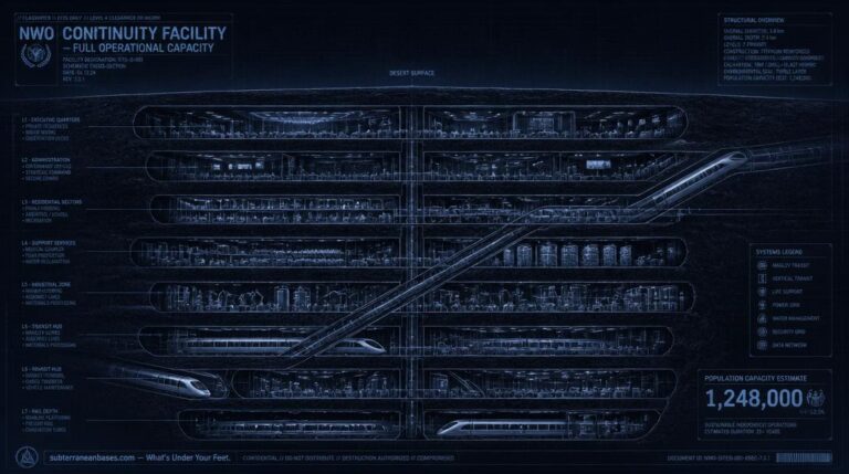 An architectural cross-section of a multi-level underground city with residential quarters industrial complexes and diagonal magneto-leviton rail tunnels beneath a featureless desert surface
