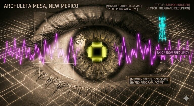 Sepia-toned close-up of a human eye with a neon micro-chip and ELF frequency waves, overlaid with a map of Highway 666 and Dulce Base.