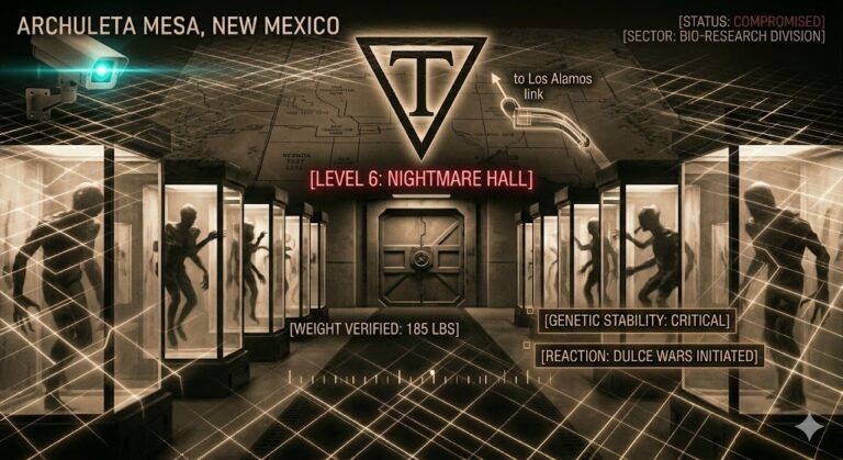 Sepia-toned schematic of a Dulce Base corridor labeled 'Nightmare Hall' with cryo-vats containing humanoid hybrids and a security scale interface.