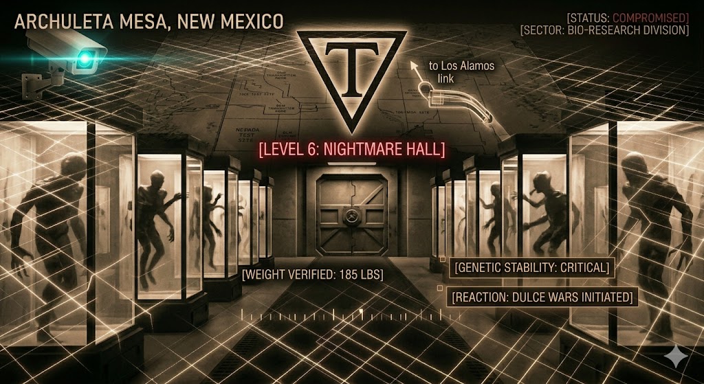 Sepia-toned schematic of a Dulce Base corridor labeled 'Nightmare Hall' with cryo-vats containing humanoid hybrids and a security scale interface.