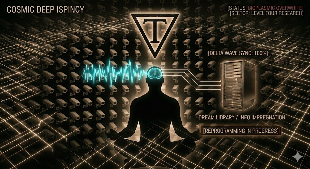 Sepia-toned schematic of a human brain synced to a 'Dream Library' server, featuring the Dulce inverted triangle symbol and Delta wave radiation.