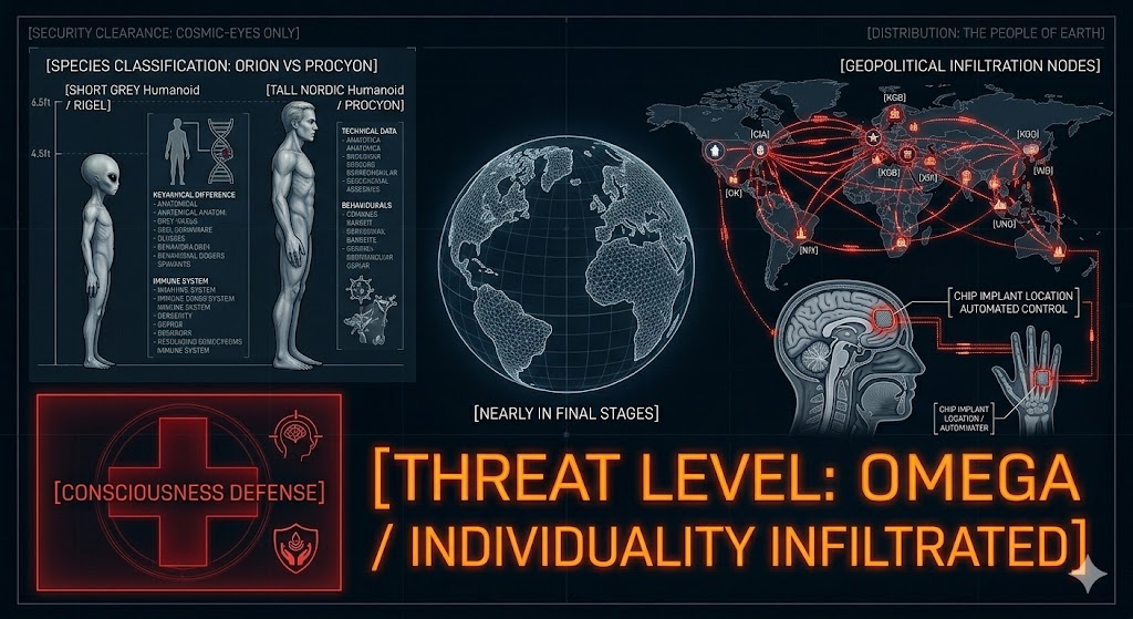Tactical infographic illustrating the final stages of the Grey invasion and the message from the Procyon agents.