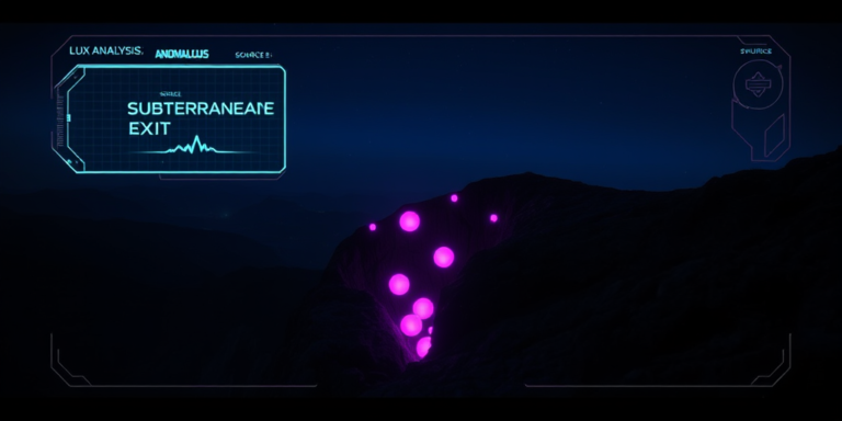 Tactical 1970s-style visualization of mysterious lights emerging from a subterranean crevice on Brown Mountain.
