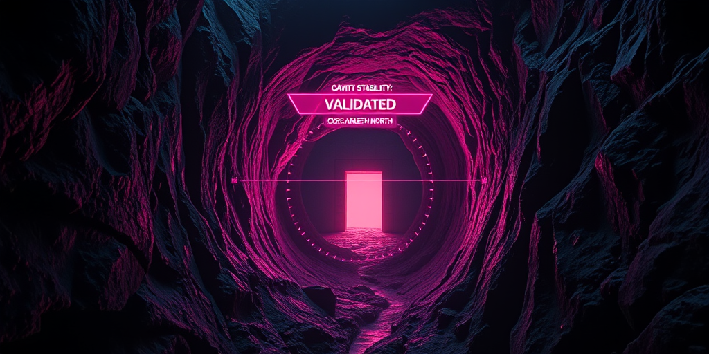 Tactical 1970s-style visualization of deep-earth granite cavities and subterranean city entrances.