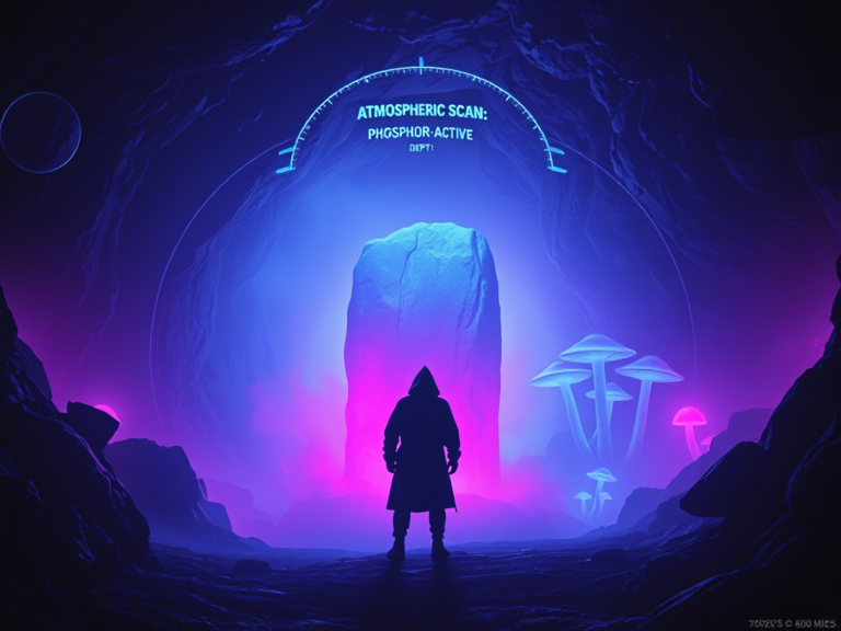 Tactical 1970s-style visualization of the luminous caverns and subterranean environments described in Section L.