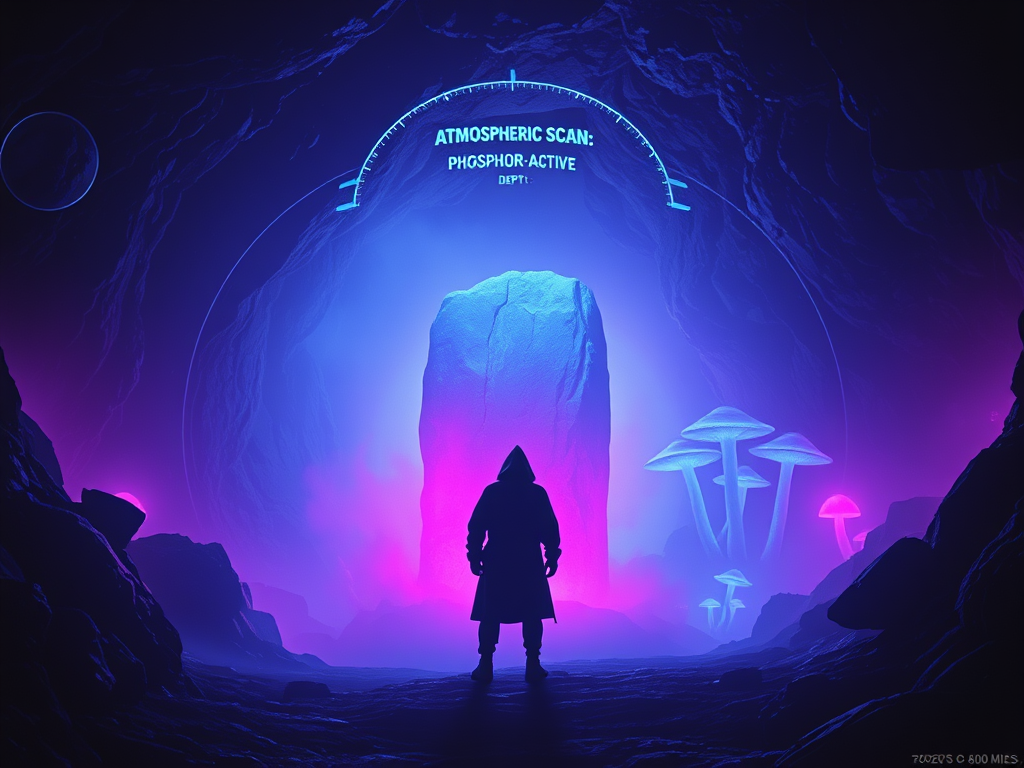 Tactical 1970s-style visualization of the luminous caverns and subterranean environments described in Section L.