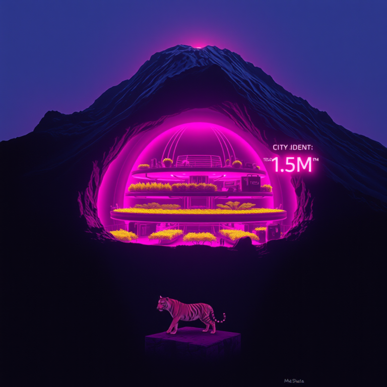 Tactical 1970s-style visualization of the five-level subterranean city of Telos beneath Mt. Shasta.