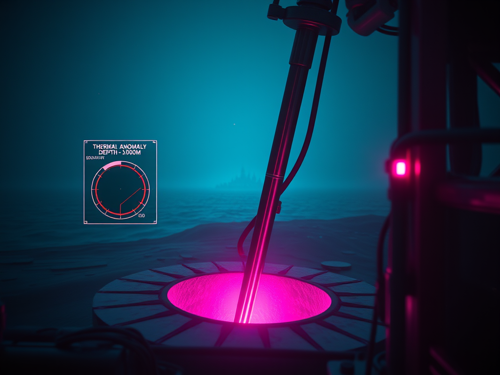 Tactical 1970s-style visualization of the Soviet drilling project and subterranean temperature anomalies.