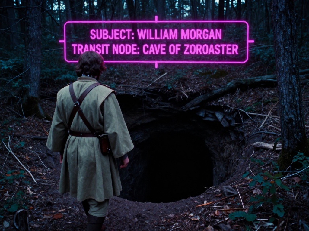 Tactical 1970s-style visualization of William Morgan’s historical abduction and his journey toward the Inner Earth.