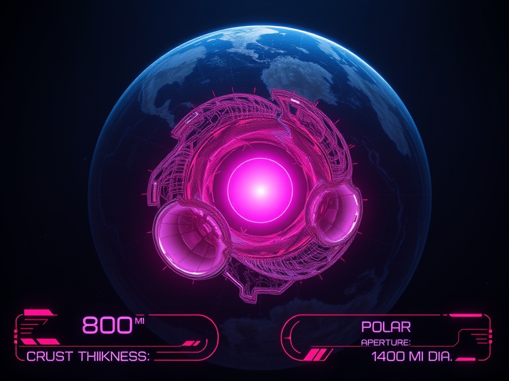 Tactical 1970s-style visualization of the Earth's hollow interior, central sun, and polar openings.