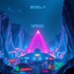 Tactical 1970s-style visualization of the plastic city and Rainbow Temple in Antarctica.