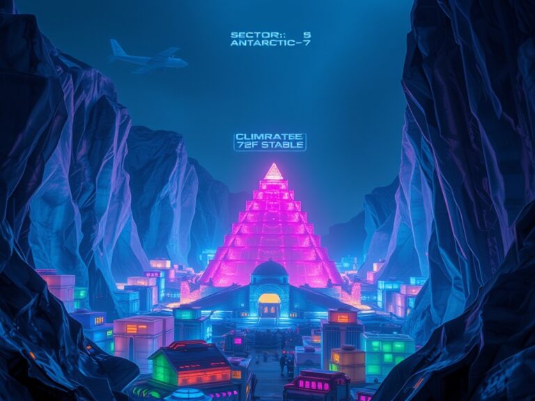 Tactical 1970s-style visualization of the plastic city and Rainbow Temple in Antarctica.