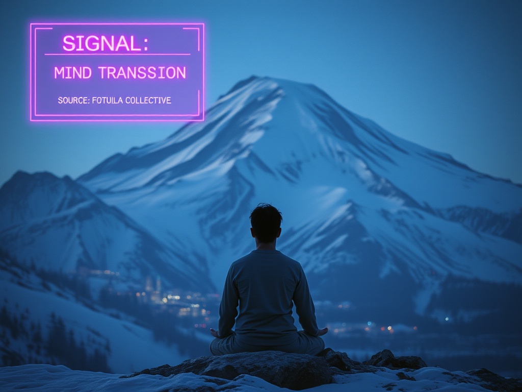 Tactical 1970s-style visualization of a consciousness transmission from the Inner Earth collective beneath Mount Shasta.