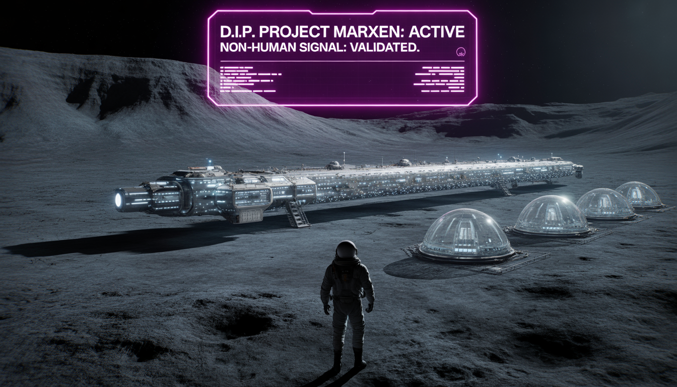 Tactical visualization of a massive non-human city-ship and domes on the lunar surface as described in Project Marxen.