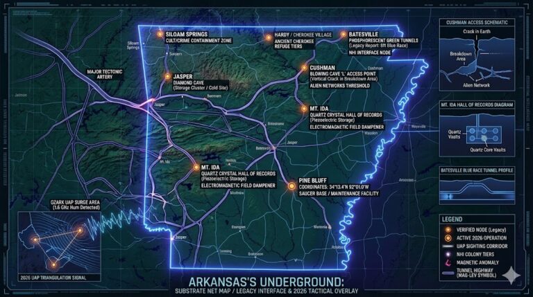 A complex geospatial intelligence map overlaying the state of Arkansas, rendered in high-tech "dark mode" aesthetics (blues, purples, greens). The map features verified locations marked with glowing points and diagrams of the tunnel systems.