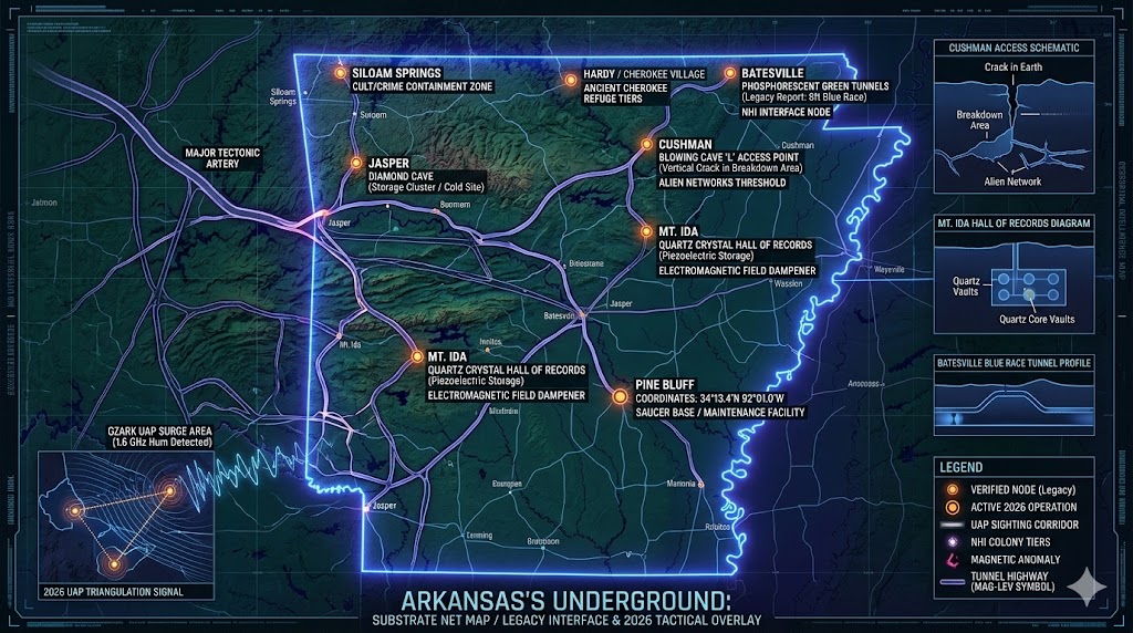 A complex geospatial intelligence map overlaying the state of Arkansas, rendered in high-tech "dark mode" aesthetics (blues, purples, greens). The map features verified locations marked with glowing points and diagrams of the tunnel systems.