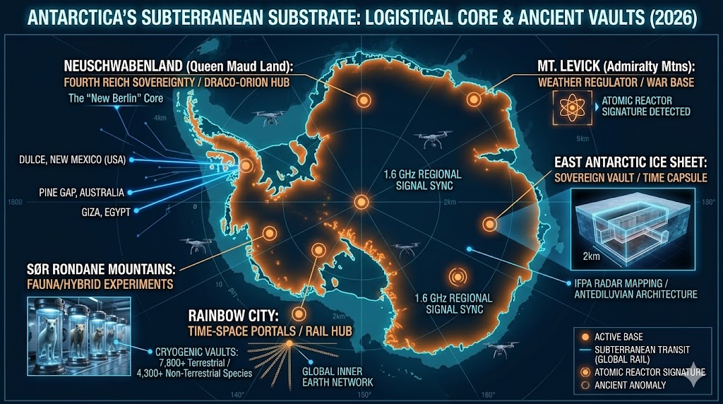 Map of Antarctica Underground Bases: New Berlin, Mt. Levick Reactor, and Sør Rondane Tunnels 2026